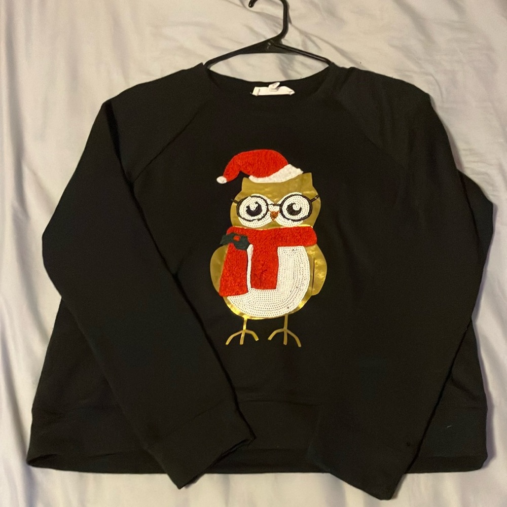 Black Sweater with Festive Owl Design